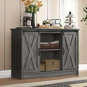 4ever2buy Farmhouse Coffee Bar Cabinet with Storage, 42” Kitchen Buffet Sideboard Cabinet with Sliding Barn Door, Grey Buffet Storage Cabinet with Adjustable Shelf for Living Dining Room