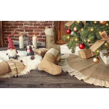 Ivenf Christmas Tree Skirt, 48 inches Natural Burlap Jute with Ruffle Edge, Rustic Xmas Holiday Decoration