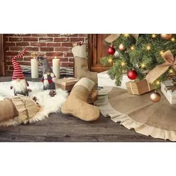 Ivenf Christmas Tree Skirt, 48 inches Natural Burlap Jute with Ruffle Edge, Rustic Xmas Holiday Decoration