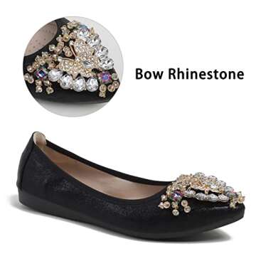 Black Flats Shoes for Women Bow Rhinestone Pointed Toe Wedding Flats - Foldable Ballet Flat Slip on ...