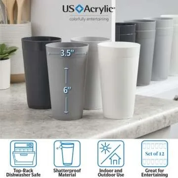 US Acrylic Newport 20 ounce Unbreakable Plastic Stackable Water Tumblers in Grey Stone | Set of 12 Drinking Cups | Reusable, BPA-free, Made in the USA, Top-rack Dishwasher and Microwave Safe