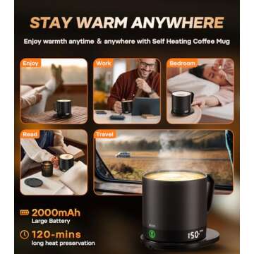 Self Heating Coffee Mug, 14 Oz Temperature Control Smart Mug, Double Sided & Real-Time LED Display, Fast Heating, Mug Warmer with 120 Min Battery Life, Birthday Gifts for Women and Men(Black)