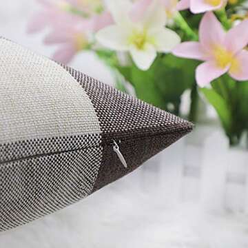 4TH Emotion Set of 2 Farmhouse Buffalo Check Plaid Throw Pillow Covers Cushion Case Polyester Linen for Home Decor Brown and Cream, 18 x 18 Inches