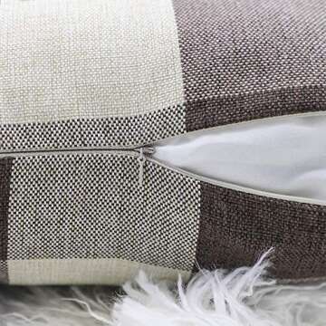 4TH Emotion Set of 2 Farmhouse Buffalo Check Plaid Throw Pillow Covers Cushion Case Polyester Linen for Home Decor Brown and Cream, 18 x 18 Inches