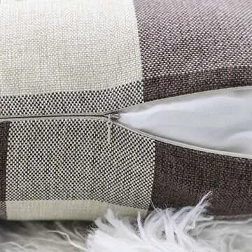 4TH Emotion Set of 2 Farmhouse Buffalo Check Plaid Throw Pillow Covers Cushion Case Polyester Linen for Home Decor Brown and Cream, 18 x 18 Inches