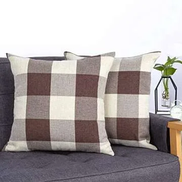 4TH Emotion Set of 2 Farmhouse Buffalo Check Plaid Throw Pillow Covers Cushion Case Polyester Linen for Home Decor Brown and Cream, 18 x 18 Inches