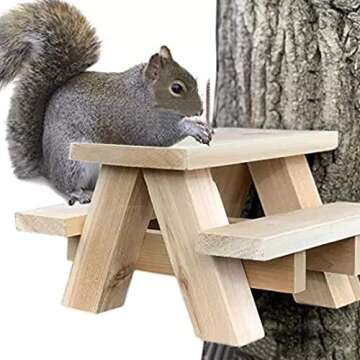 Iceyyyy Squirrel Picnic Table Feeder for Outside, Hanging Mini Picnic Table for Squirrels, Natural Wood Finish Squirrel Corn Cob Holder with Screws for Tree Mount（Assembly Required）