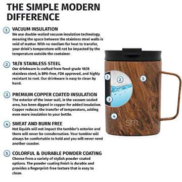 Simple Modern Scout Insulated Coffee Travel Mug Tumbler with Handle -Stainless Steel Cup with Lid for Men, Women 12oz Mug - Insulated Lid Pattern: Wood Grain