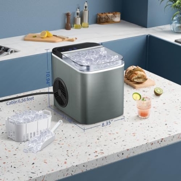 JINJUNYE Ice Maker Countertop 28Lbs/Day, 15H Timer, 9 Ice Cubes in 6 Mins, Self-Cleaning Portable Ice Makers 2 Size Bullet Cube, Ice Machine Maker with Scoop, for Home, Kitchen, Camping