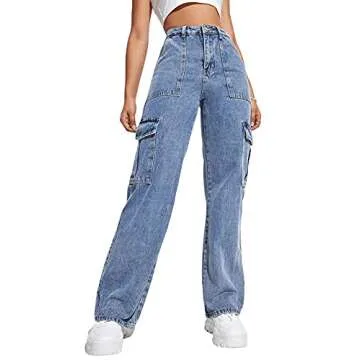 SweatyRocks Women's High Waist Cargo Jeans Flap Pocket Wide Leg Denim Pants