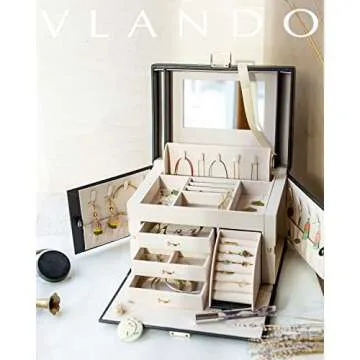 Vlando Jewelry Box Organizer for Girls Women, Large Baroque Jewelry Holder Organizer with Mirror, 3 ...