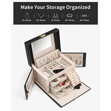 Vlando Jewelry Box Organizer for Girls Women, Large Baroque Jewelry Holder Organizer with Mirror, 3 Drawers for Bracelets, Earrings, Rings, Necklaces, Mothers Day Gifts for Loved One, Black