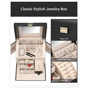 Vlando Jewelry Box Organizer for Girls Women, Large Baroque Jewelry Holder Organizer with Mirror, 3 Drawers for Bracelets, Earrings, Rings, Necklaces, Mothers Day Gifts for Loved One, Black