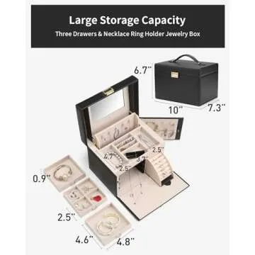 Vlando Jewelry Box Organizer for Girls Women, Large Baroque Jewelry Holder Organizer with Mirror, 3 Drawers for Bracelets, Earrings, Rings, Necklaces, Mothers Day Gifts for Loved One, Black