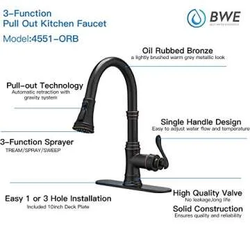 BWE Kitchen Faucet with Pull Out Sprayer 3 Spray Modes Oil Rubbed Bronze Single Handle High Arc Kitchen Sink Faucet with Deck Plate Lead-Free Commercial Bar Farmhouse Pull Down Sprayer