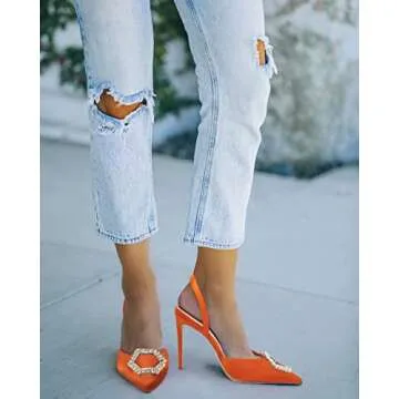 Juliet Holy Womens Slingback High Heels Pointed Toe Slip On Stiletto Rhinestone Dressy Pumps Orange