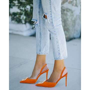 Juliet Holy Womens Slingback High Heels Pointed Toe Slip On Stiletto Rhinestone Dressy Pumps Orange