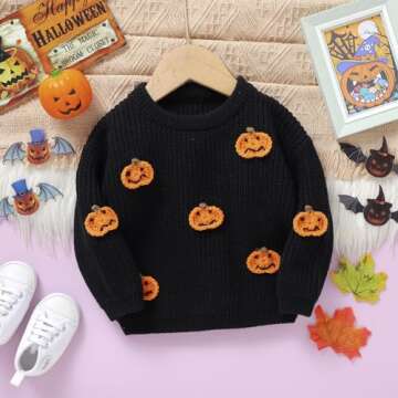 Toddler Baby Knit Sweater Girl Boy Halloween Pumpkin Face Pullover Knitwear Crewneck Sweaters Fall Winter Clothes (Black, 12-18 Months)