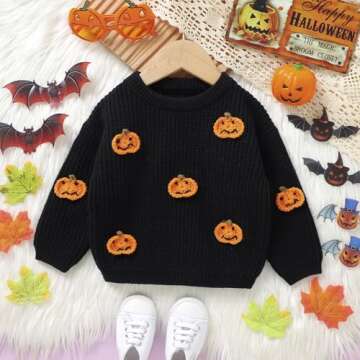 Toddler Baby Knit Sweater Girl Boy Halloween Pumpkin Face Pullover Knitwear Crewneck Sweaters Fall Winter Clothes (Black, 12-18 Months)