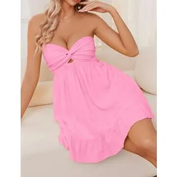 Meladyan Women’s Twist Knot Bandeau Tube Dress Solid Strapless Backless Mini Dresses Summer Hollow Ruffle Beach Dress Pink