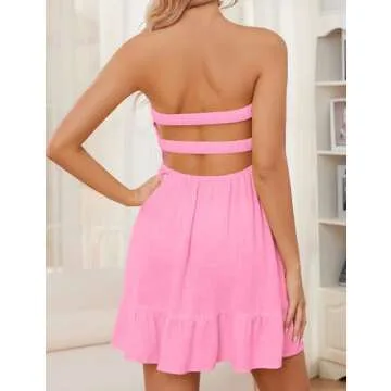 Meladyan Women’s Twist Knot Bandeau Tube Dress Solid Strapless Backless Mini Dresses Summer Hollow Ruffle Beach Dress Pink