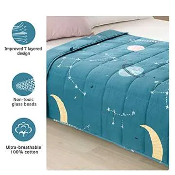 Mr. Sandman 5 lbs Weighted Blanket for Twin Size Bed, Perfect for 40-60lb Organic Cotton Heavy Blanket with Premium Glass Beads - 36" x 48" Star Moon Blue