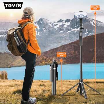 71" Selfie Stick Phone Tripod, Extendable Phone Stand with Wireless Remote, 360°Rotating Portable Cell Phone Holder for Recording, Video, Compatible with iPhone, Android, Camera Gopro-TGVI'S