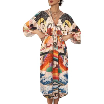 Bsubseach Women Ethnic Print Kimono Beach Cover Up