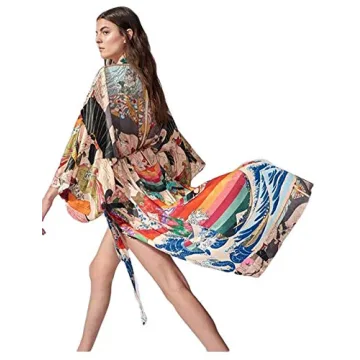 Bsubseach Women Ethnic Print Kimono Beach Cover Up
