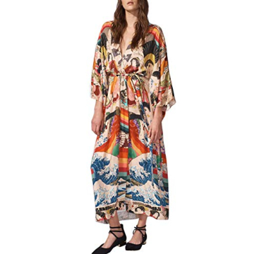 Bsubseach Women Ethnic Print Kimono Beach Cover Up