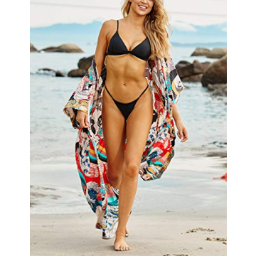 Bsubseach Women Ethnic Print Kimono Beach Cover Up