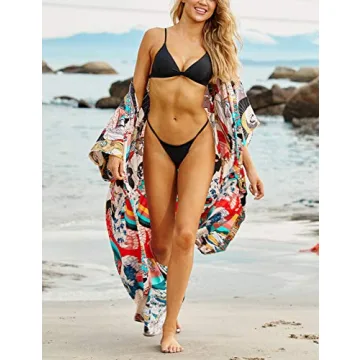Bsubseach Women Ethnic Print Kimono Beach Cover Up