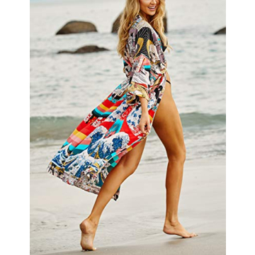 Bsubseach Women Ethnic Print Kimono Beach Cover Up