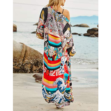 Bsubseach Women Ethnic Print Kimono Beach Cover Up