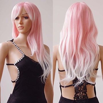 S-noilite 28 Inch Pink-White Ombre Wig for Parties and Cosplay