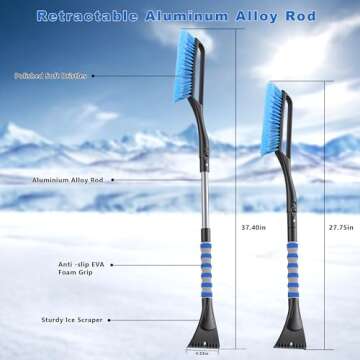 VOCAON 37'' Snow Brush and Ice Scraper for Car Windshield, Aluminum Extendable Snow Removal Tool for Car Window with Foam Grip for SUV Truck Auto Vehicle Winter Accessories - Blue
