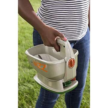 Scotts Wizz Spreader for Grass Seed, Fertilizer, Salt and Ice Melt, Handheld Spreader Holds up to 2,500 sq. ft. of Product