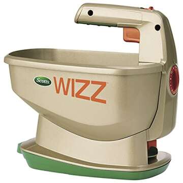 Scotts Wizz Spreader for Grass Seed, Fertilizer, Salt and Ice Melt, Handheld Spreader Holds up to 2,500 sq. ft. of Product