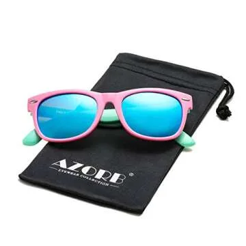 AZorb Kids Polarized Sunglasses TPEE Rubber Flexible Frame for Boys Girls Age 3-8, 100% UV Protection (Pink Green/Blue mirror)