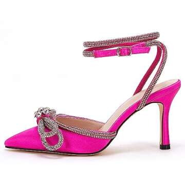 VETASTE Women's Double Bow Pointed Toe Ankle Strap Crystal Pumps Wedding Bridal Party Stilettos Backless Satin Heeled Sandals,Rose Red, Size 8