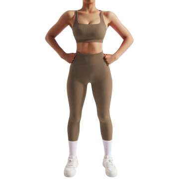 RXRXCOCO Ribbed Workout Sets for Women 2 Piece Backless Strappy Sports Bra Seamless Leggings Matchin...