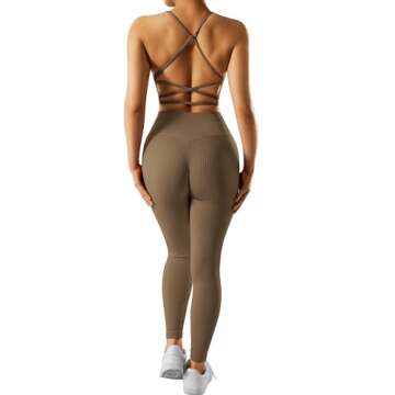 RXRXCOCO Ribbed Workout Sets for Women 2 Piece Backless Strappy Sports Bra Seamless Leggings Matching Set Yoga Outfits Brown Medium