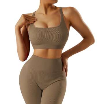 RXRXCOCO Ribbed Workout Sets for Women 2 Piece Backless Strappy Sports Bra Seamless Leggings Matching Set Yoga Outfits Brown Medium