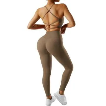 RXRXCOCO Ribbed Workout Sets for Women 2 Piece Backless Strappy Sports Bra Seamless Leggings Matching Set Yoga Outfits Brown Medium