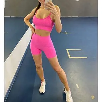 IWEMEK Workout Sets for Women 3 Piece Seamless High Wasit Yoga Legging Shorts with Sport Bra and Compression Shirt Crop Top Sets Sport Suits Fitness Athletic Tracksuits 3pcs-hot pink Large
