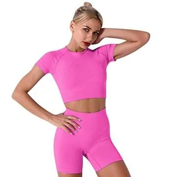 IWEMEK Workout Sets for Women 3 Piece Seamless High Wasit Yoga Legging Shorts with Sport Bra and Compression Shirt Crop Top Sets Sport Suits Fitness Athletic Tracksuits 3pcs-hot pink Large