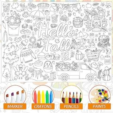 ZOIIWA Hello Fall Coloring Poster for Kids Giant Drawing Poster Large Autumn Pumpkin Coloring Tablecloth Jumbo DIY Books for Kids Classroom Home Birthday Party Supplies Favor 31.4 x 43.3 Inch