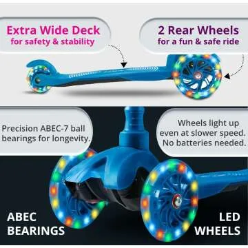 Kicksy Kids Scooter with LED Lights - Adjustable 3 Wheel