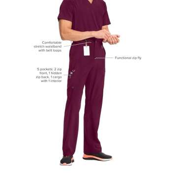 Infinity Cherokee Men's Scrub Pants Modern Fit 6 Pockets Tapered Leg with Drawstring CK200A, L, Wine