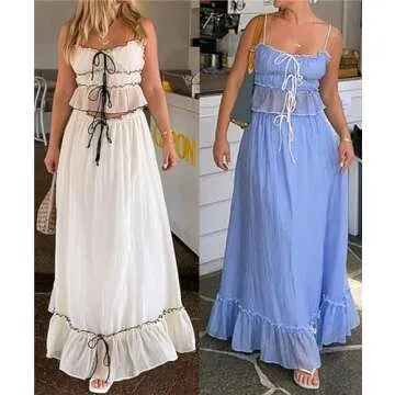Thopavenoir Women Y2k 2 Piece Outfits Patchwork Front Tie-Up Camisoles and Ruched Ruffle Maxi Skirt Matching Set Beachwear (Blue, L)